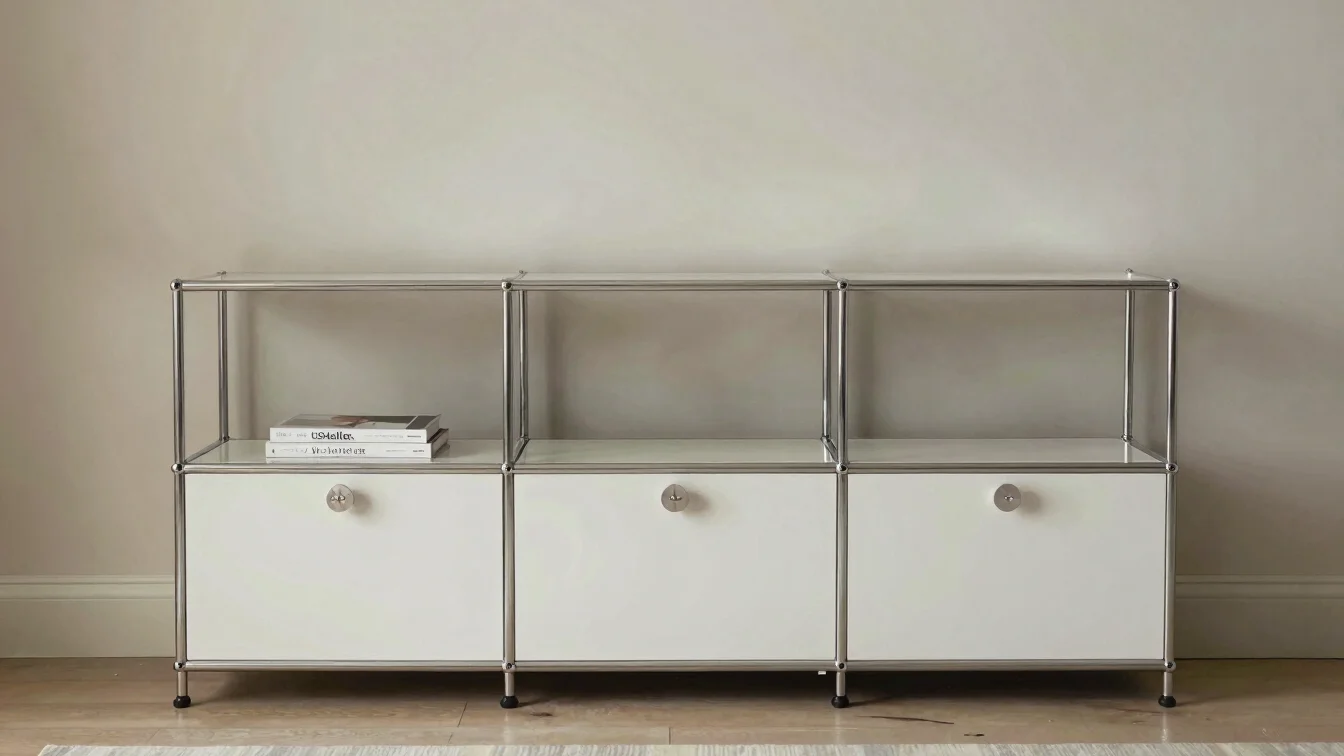Straight-on architectural view of a USM Haller modular cabinet configuration in a calm home interior, soft controlled da