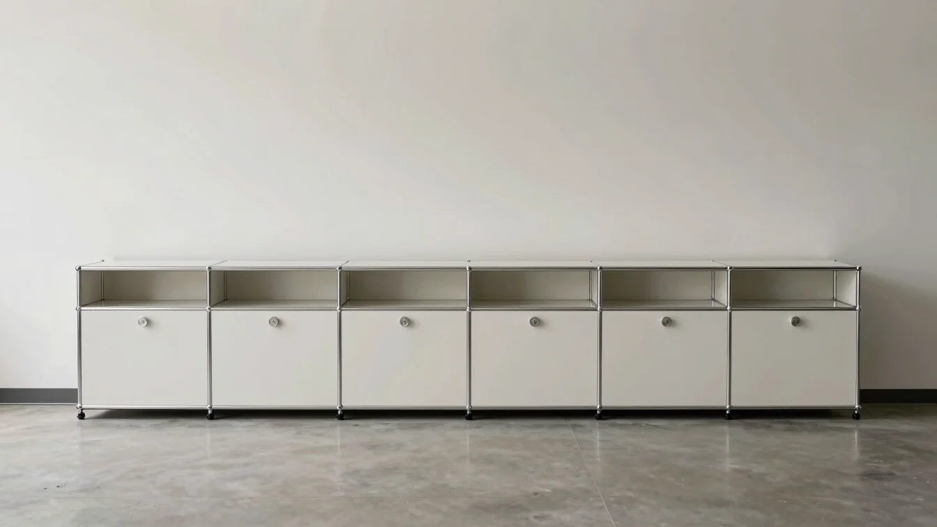 Architectural wide view of a USM Haller cabinet run along an office wall, soft even daylight, neutral editorial tones, c