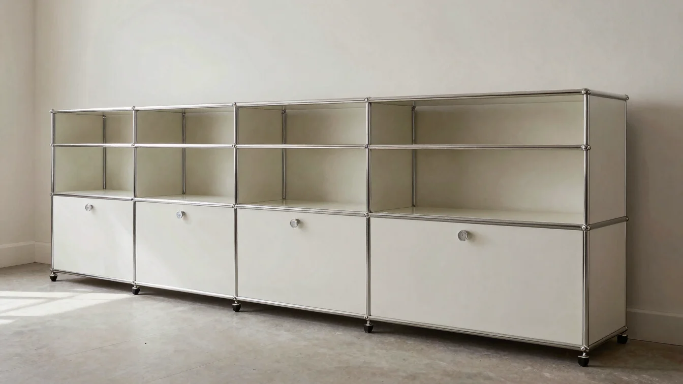 Wide architectural view of a USM Haller modular cabinet installation in a commercial interior, soft controlled daylight,