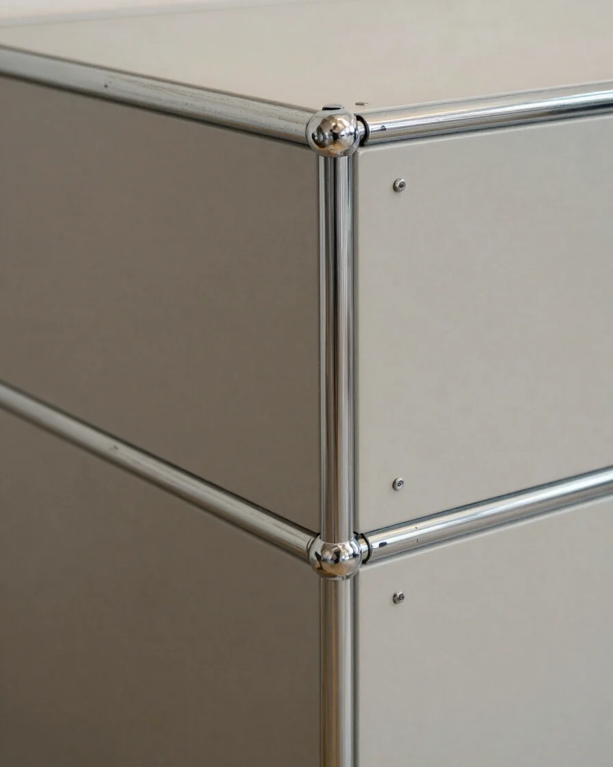 Detail close-up of powder-coated steel panels joined by chrome ball joints on a USM Haller cabinet, soft controlled dayl