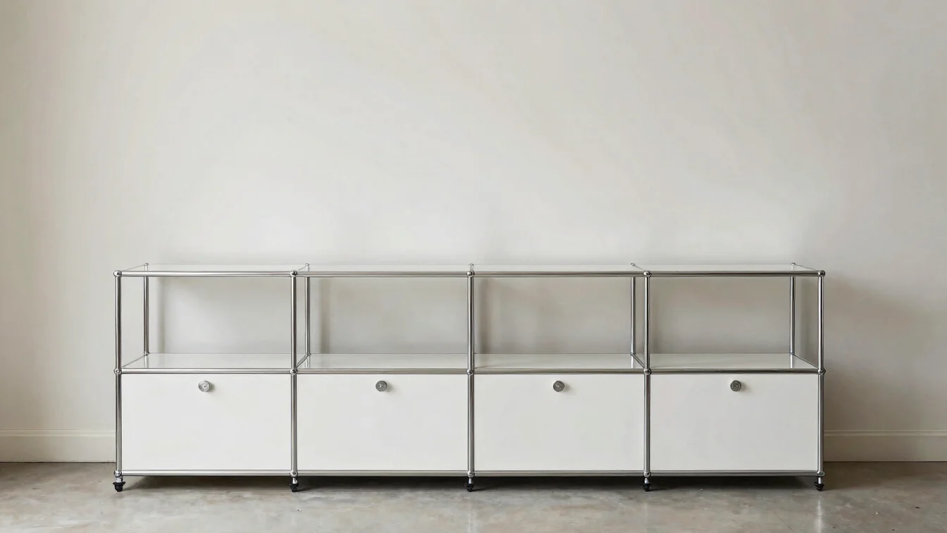 Architectural product photograph of a complete USM Haller modular cabinet configuration in a bright neutral room, straig