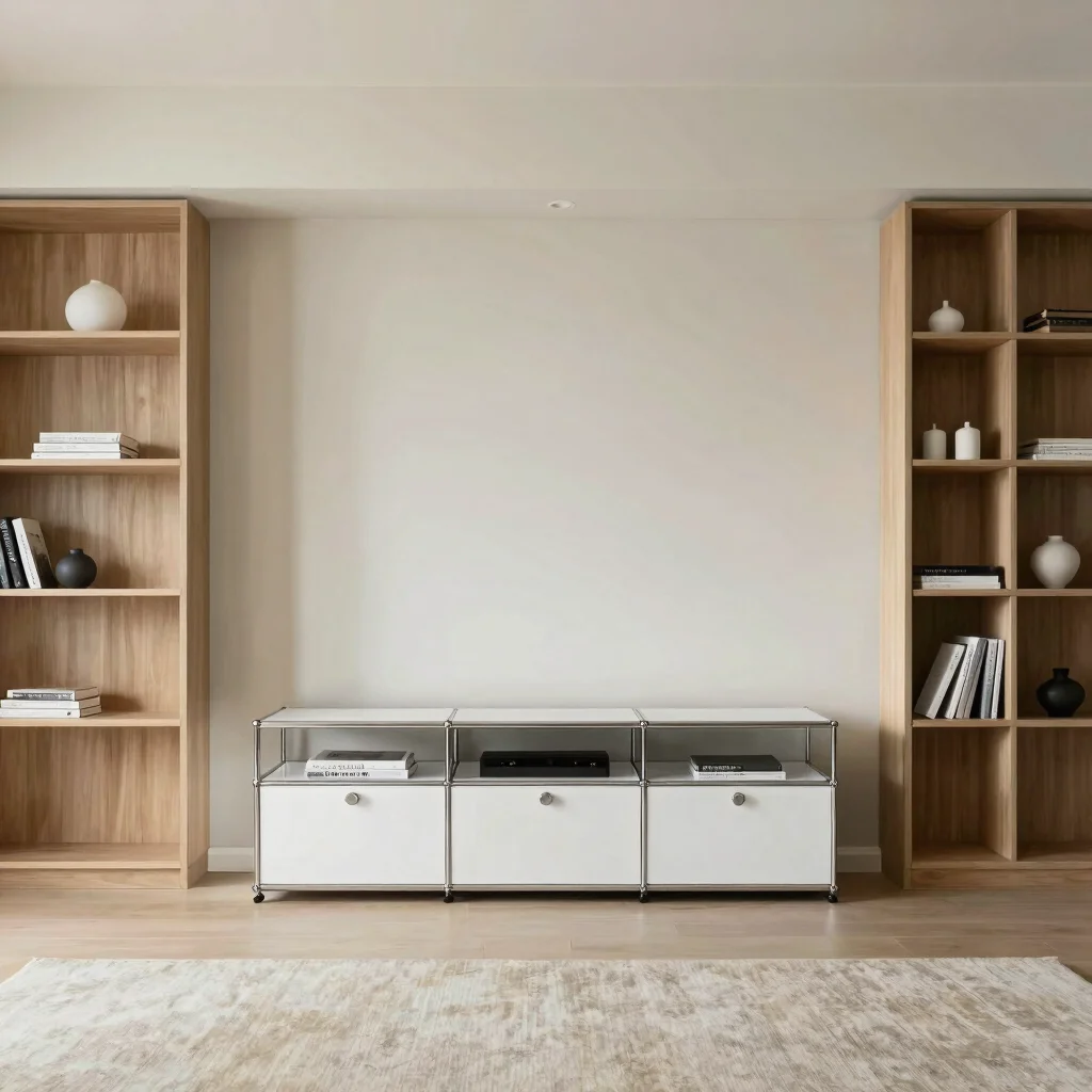Residential living room with a USM Haller media console and open
