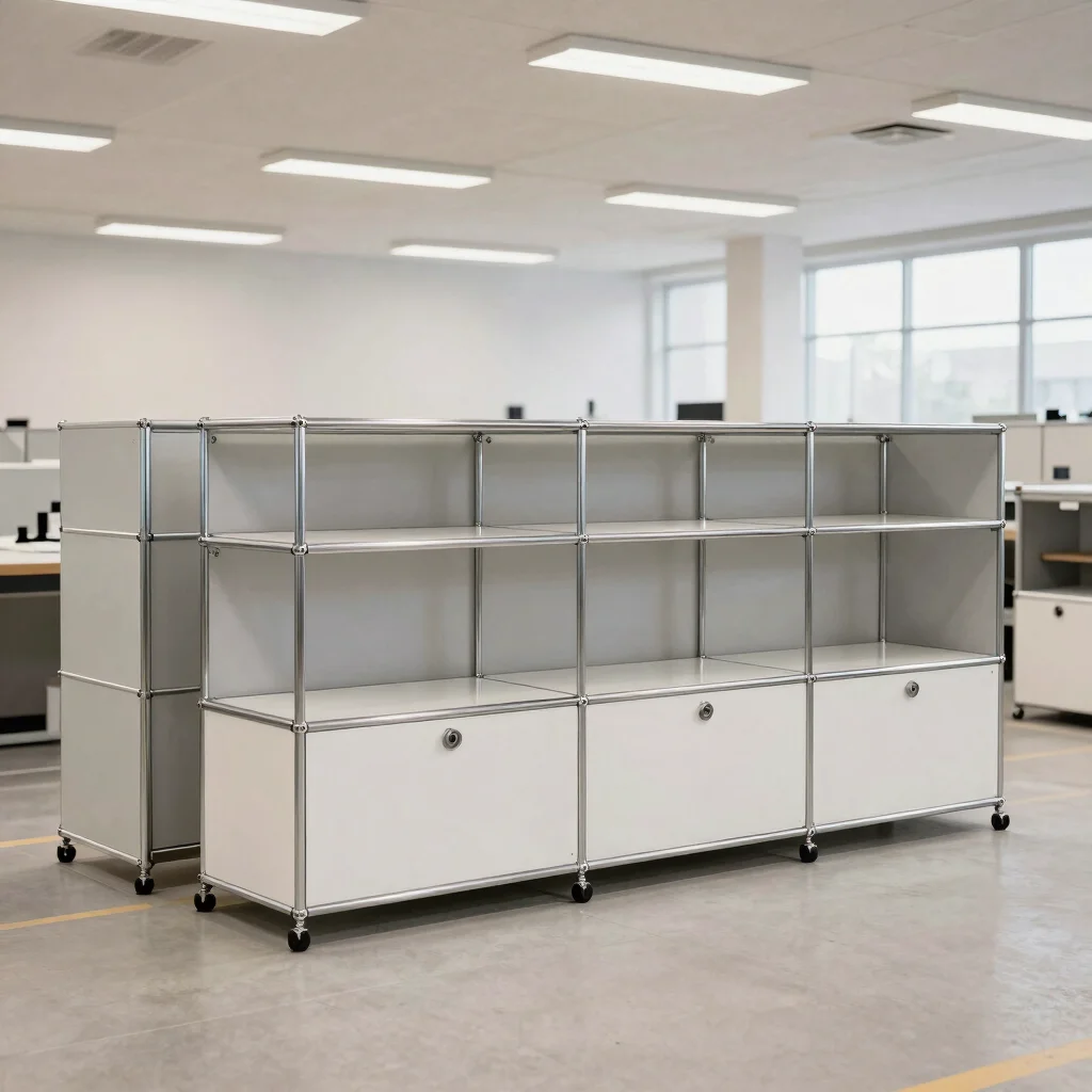 Acoustic workplace partition integrating USM Haller storage modul